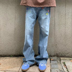 VILZSTUDIOS Floral stitch denim jeans for streetwear fashion
