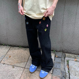 VILZSTUDIOS Floral stitch denim jeans for streetwear fashion