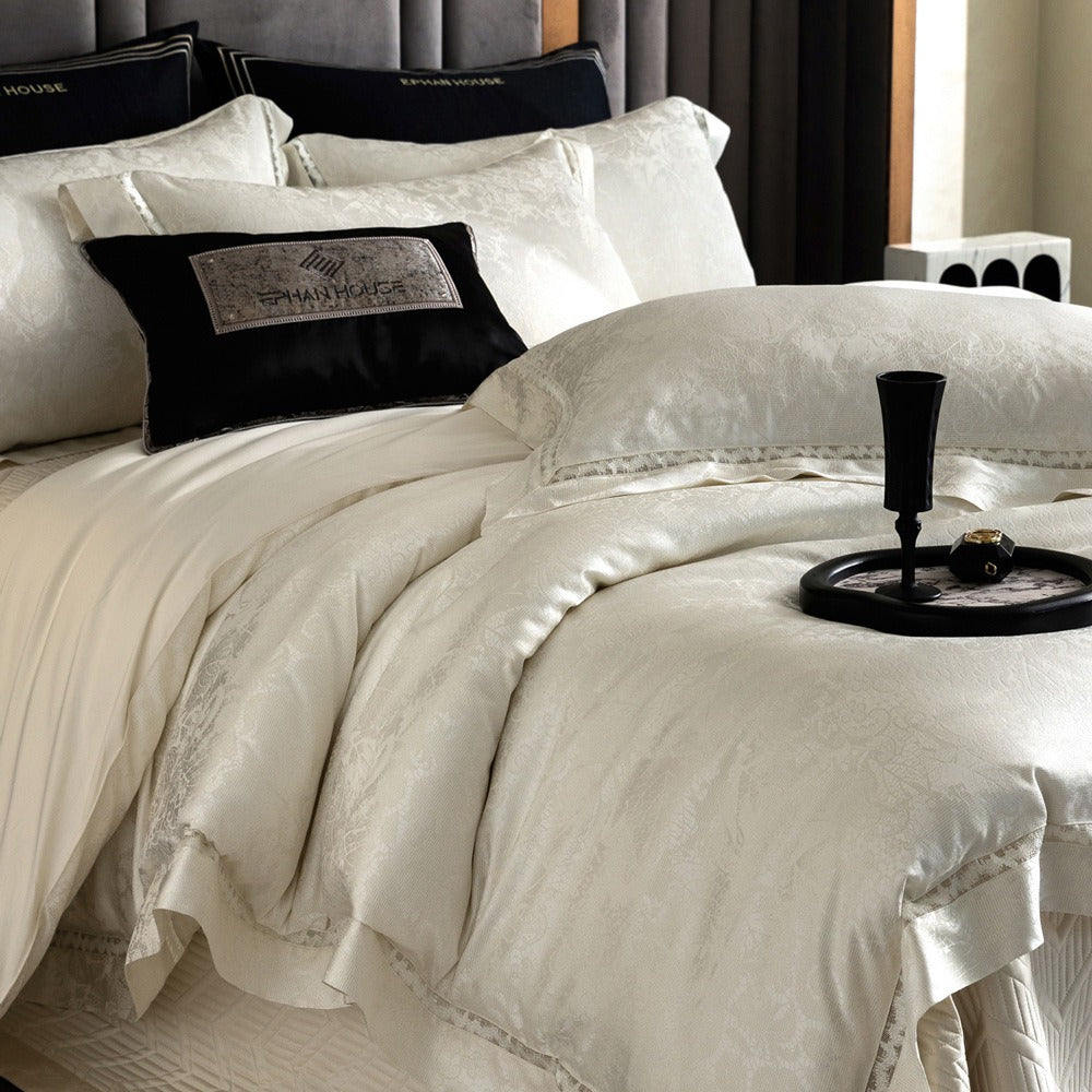 VILZSTUDIOS ivory and cream floral damask bedding set with openwork lace inserts and wide flange borders