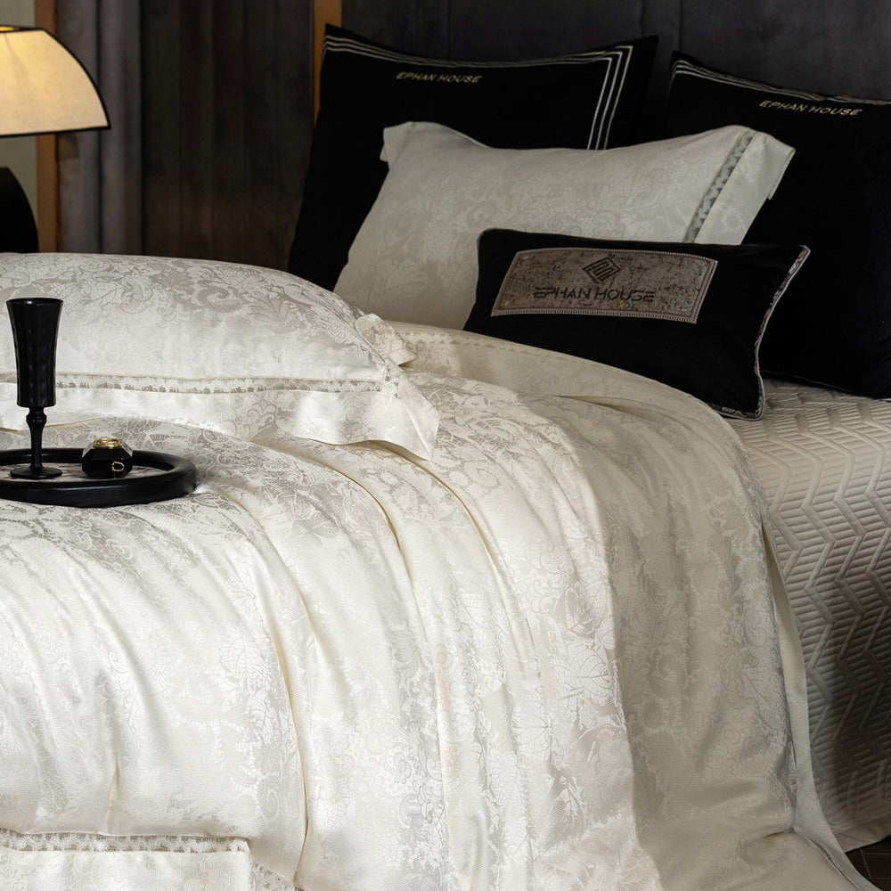 VILZSTUDIOS ivory and cream floral damask bedding set with openwork lace inserts and wide flange borders