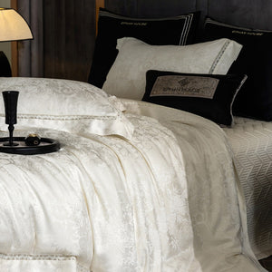 VILZSTUDIOS ivory and cream floral damask bedding set with openwork lace inserts and wide flange borders