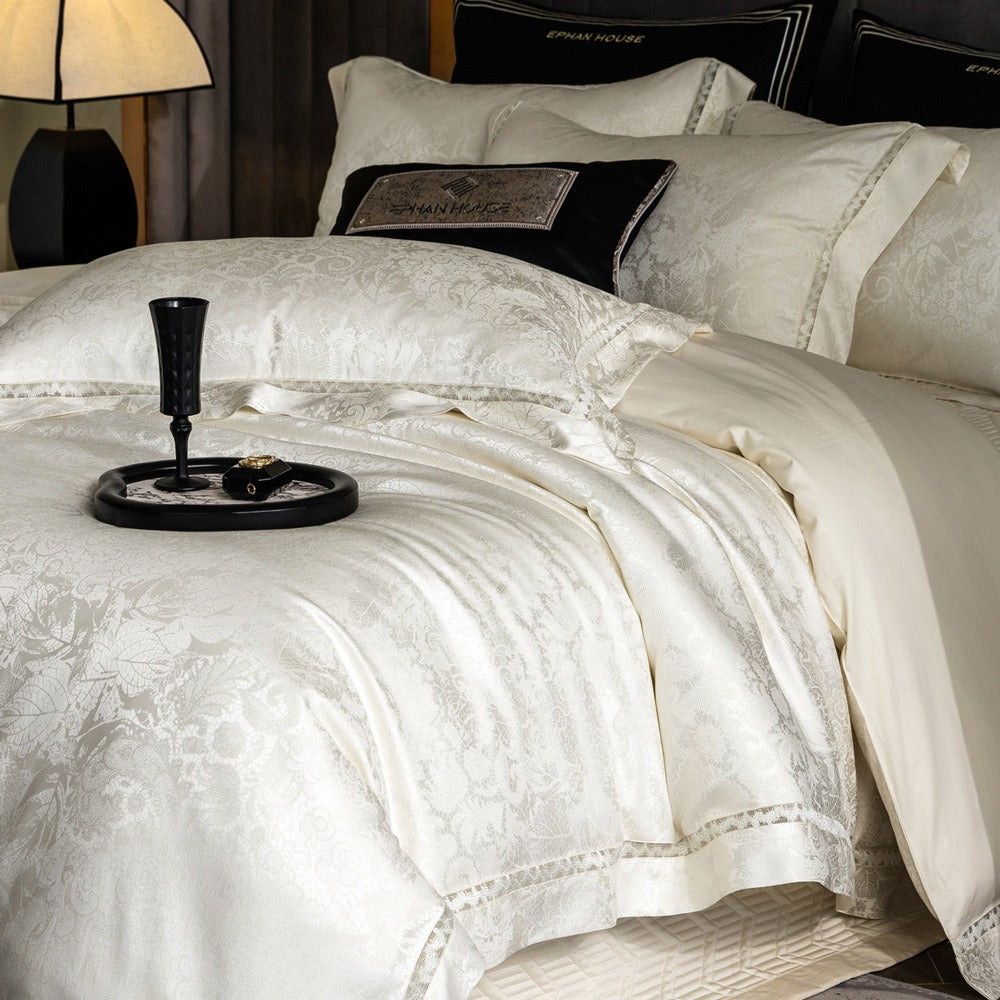 VILZSTUDIOS ivory and cream floral damask bedding set with openwork lace inserts and wide flange borders