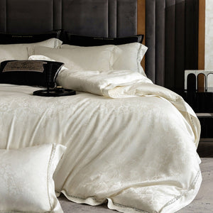 VILZSTUDIOS ivory and cream floral damask bedding set with openwork lace inserts and wide flange borders
