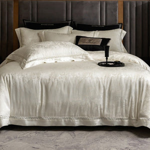 VILZSTUDIOS ivory and cream floral damask bedding set with openwork lace inserts and wide flange borders