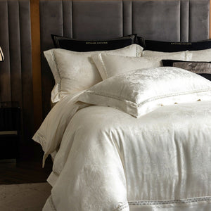 VILZSTUDIOS ivory and cream floral damask bedding set with openwork lace inserts and wide flange borders
