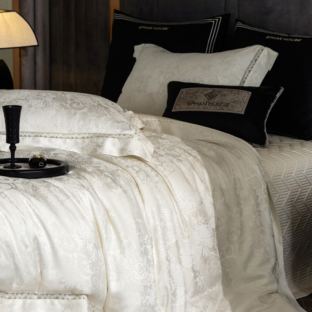 VILZSTUDIOS ivory and cream floral damask bedding set with openwork lace inserts and wide flange borders