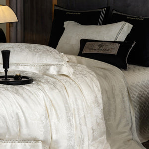 VILZSTUDIOS ivory and cream floral damask bedding set with openwork lace inserts and wide flange borders