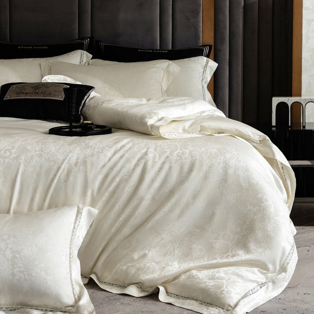 VILZSTUDIOS ivory and cream floral damask bedding set with openwork lace inserts and wide flange borders