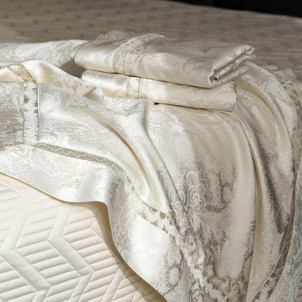 VILZSTUDIOS ivory and cream floral damask bedding set with openwork lace inserts and wide flange borders