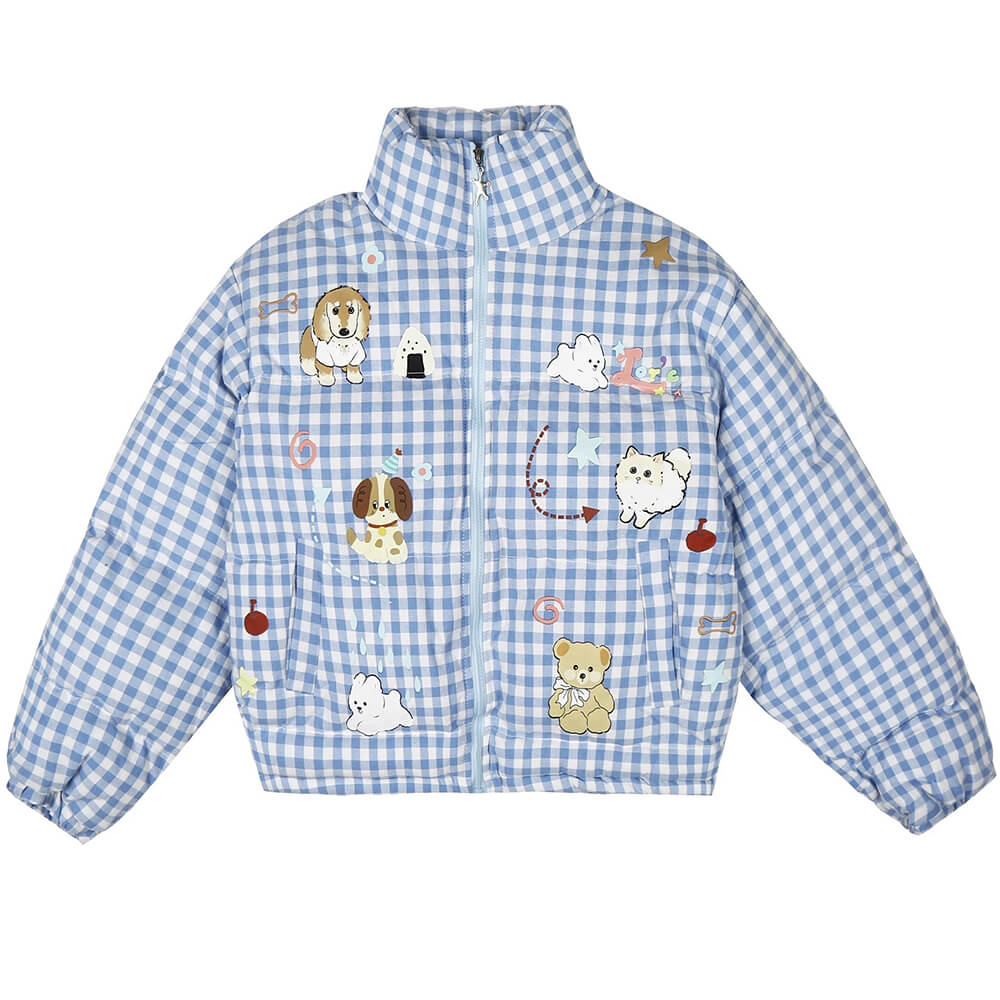 VILZSTUDIOS Korean aesthetic gingham puffer jacket with playful illustrations