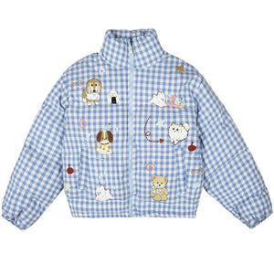 VILZSTUDIOS Korean aesthetic gingham puffer jacket with playful illustrations
