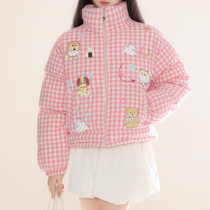 VILZSTUDIOS Korean aesthetic gingham puffer jacket with playful illustrations