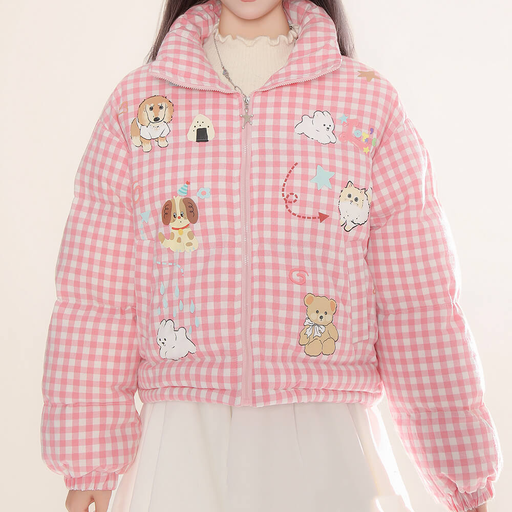 VILZSTUDIOS Korean aesthetic gingham puffer jacket with playful illustrations