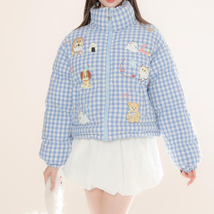VILZSTUDIOS Korean aesthetic gingham puffer jacket with playful illustrations