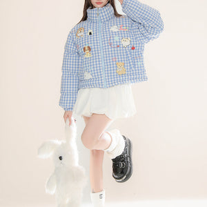 VILZSTUDIOS Korean aesthetic gingham puffer jacket with playful illustrations