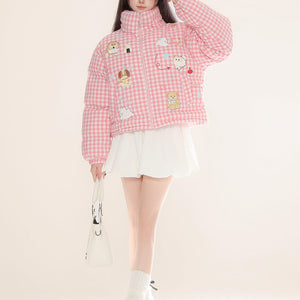 VILZSTUDIOS Korean aesthetic gingham puffer jacket with playful illustrations