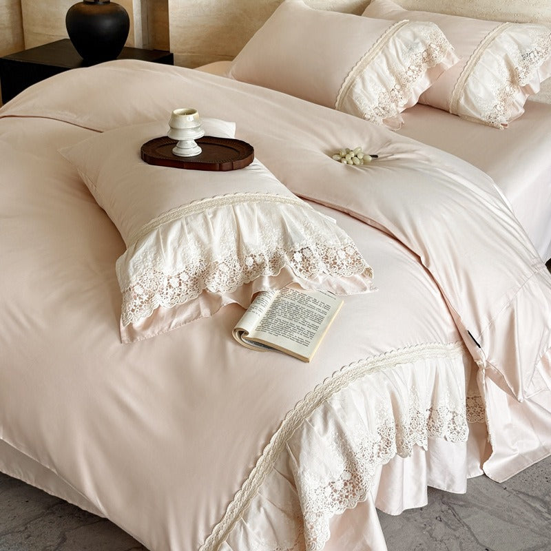 VILZSTUDIOS pastel satin bedding set with floral lace trim and gathered ruffles