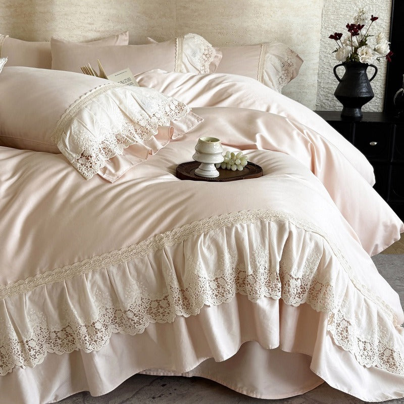 VILZSTUDIOS pastel satin bedding set with floral lace trim and gathered ruffles