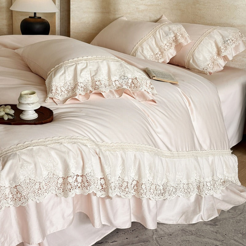 VILZSTUDIOS pastel satin bedding set with floral lace trim and gathered ruffles