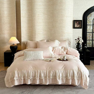 VILZSTUDIOS pastel satin bedding set with floral lace trim and gathered ruffles