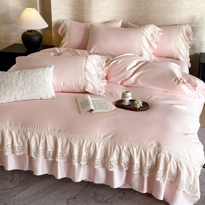 VILZSTUDIOS pastel satin bedding set with floral lace trim and gathered ruffles