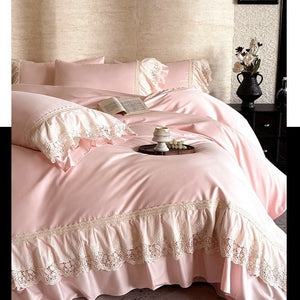 VILZSTUDIOS pastel satin bedding set with floral lace trim and gathered ruffles