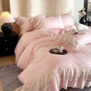 VILZSTUDIOS pastel satin bedding set with floral lace trim and gathered ruffles