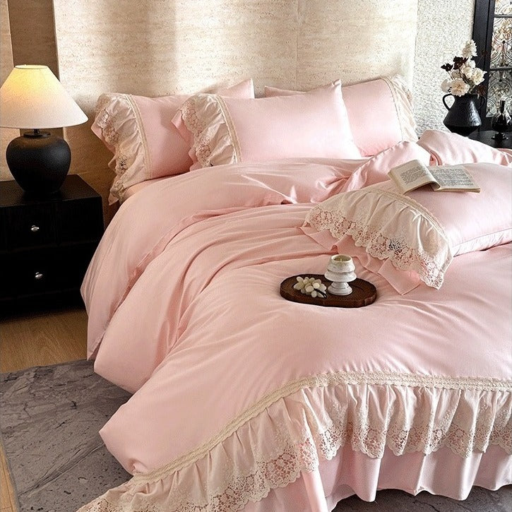 VILZSTUDIOS pastel satin bedding set with floral lace trim and gathered ruffles