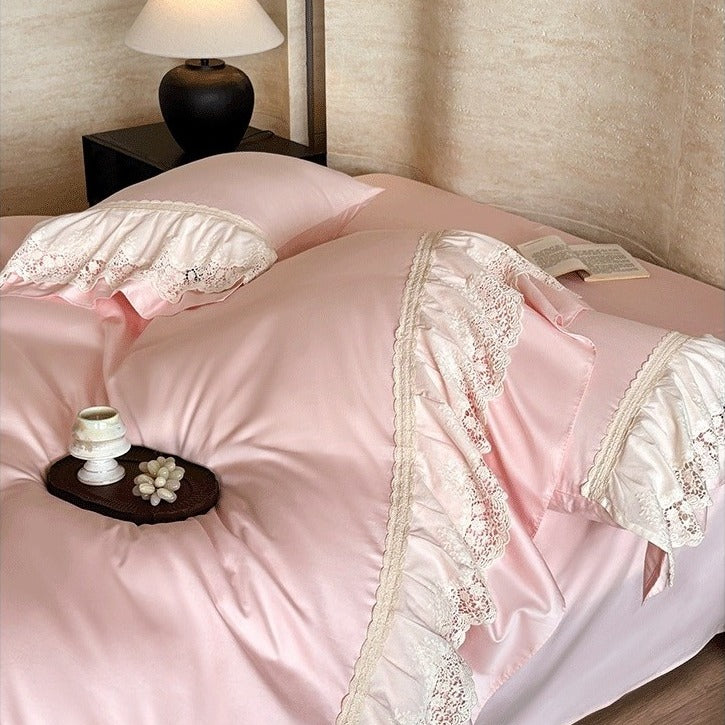 VILZSTUDIOS pastel satin bedding set with floral lace trim and gathered ruffles