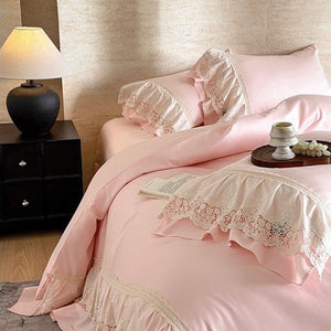 VILZSTUDIOS pastel satin bedding set with floral lace trim and gathered ruffles