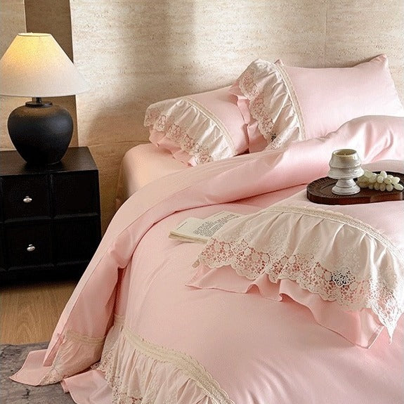 VILZSTUDIOS pastel satin bedding set with floral lace trim and gathered ruffles