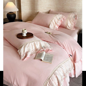 VILZSTUDIOS pastel satin bedding set with floral lace trim and gathered ruffles