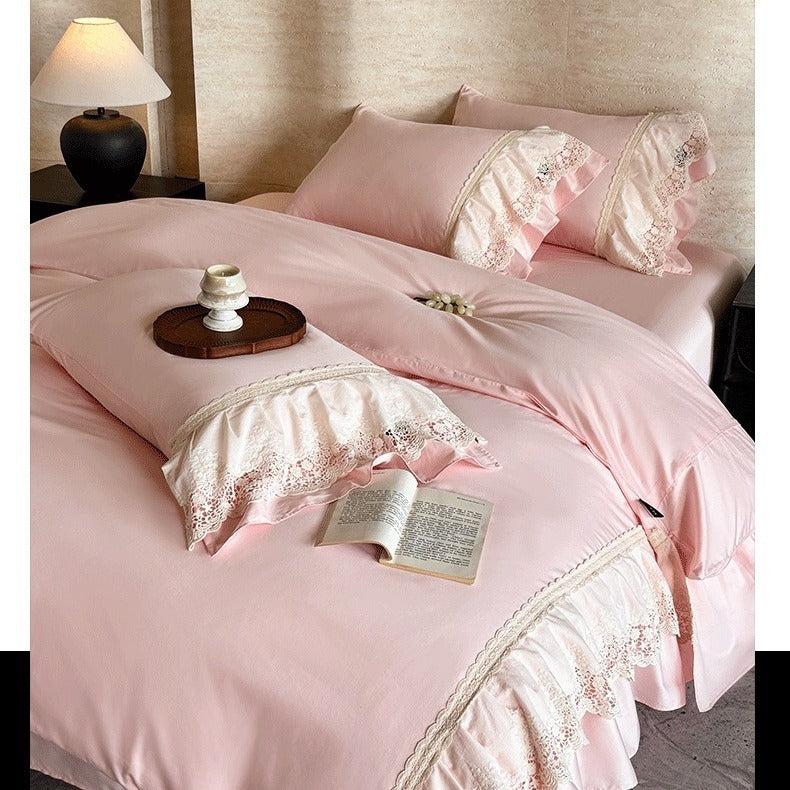 VILZSTUDIOS pastel satin bedding set with floral lace trim and gathered ruffles