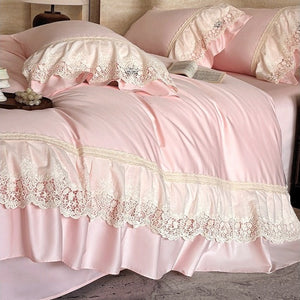 VILZSTUDIOS pastel satin bedding set with floral lace trim and gathered ruffles