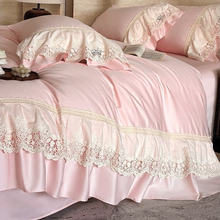 VILZSTUDIOS pastel satin bedding set with floral lace trim and gathered ruffles
