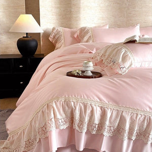 VILZSTUDIOS pastel satin bedding set with floral lace trim and gathered ruffles