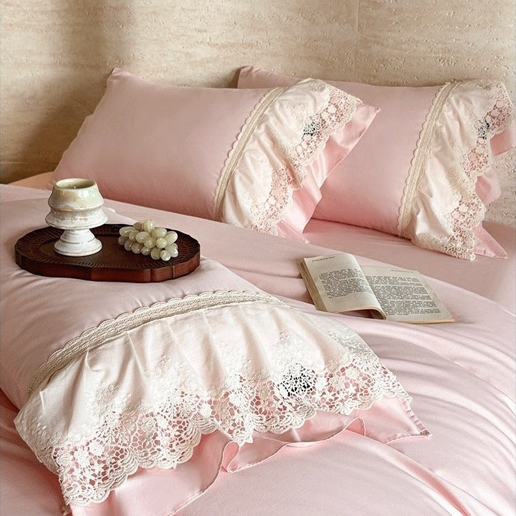 VILZSTUDIOS pastel satin bedding set with floral lace trim and gathered ruffles