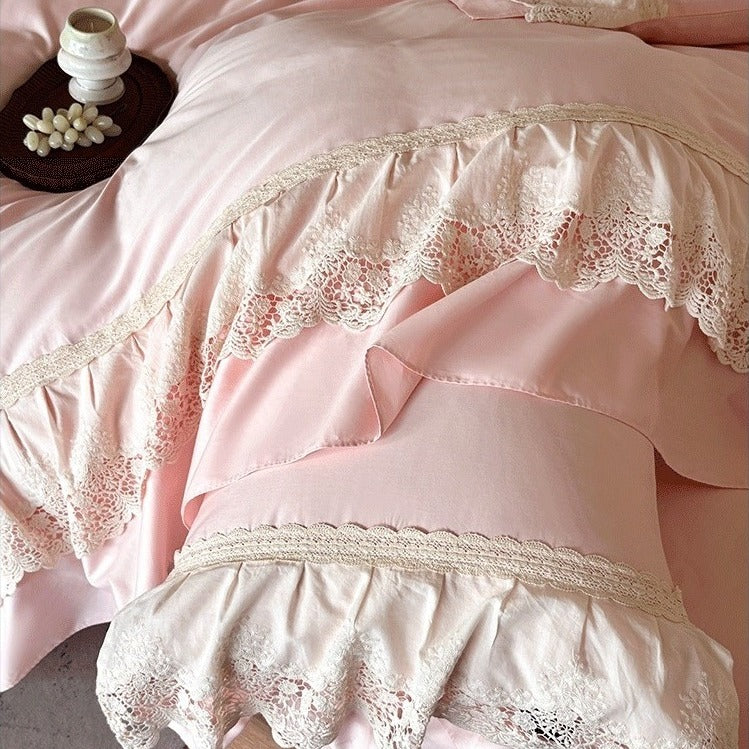 VILZSTUDIOS pastel satin bedding set with floral lace trim and gathered ruffles