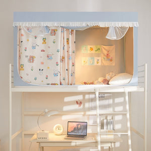 VILZSTUDIOS pastel bed canopy with gathered white lace trim, mesh panel and sliding privacy curtains