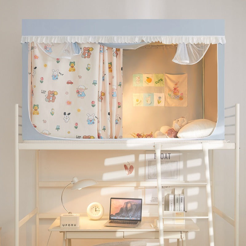 VILZSTUDIOS pastel bed canopy with gathered white lace trim, mesh panel and sliding privacy curtains