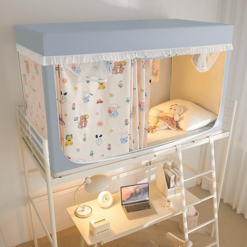 VILZSTUDIOS pastel bed canopy with gathered white lace trim, mesh panel and sliding privacy curtains
