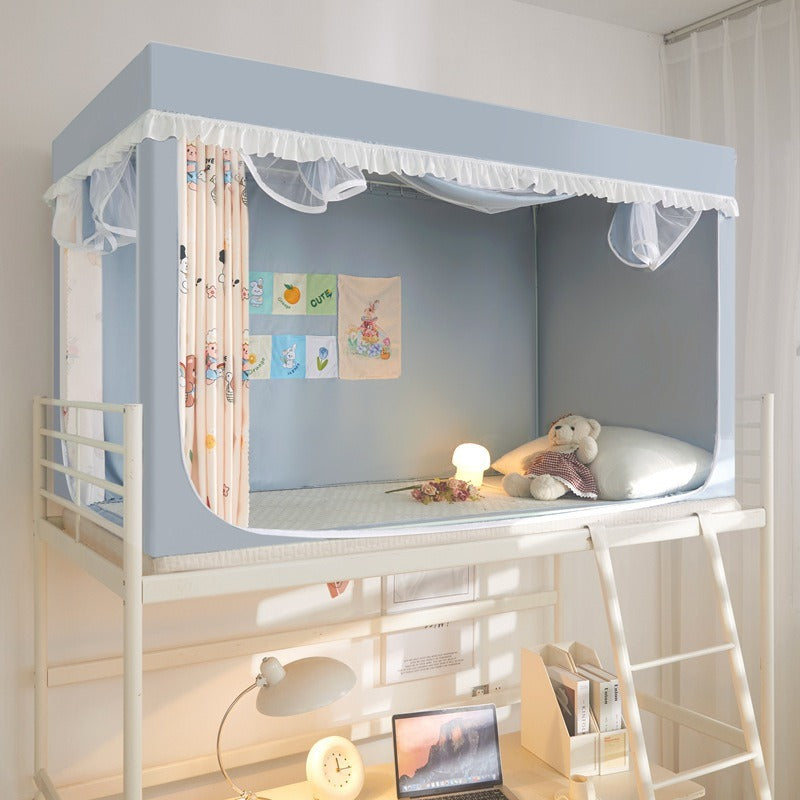 VILZSTUDIOS pastel bed canopy with gathered white lace trim, mesh panel and sliding privacy curtains