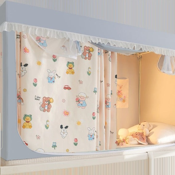 VILZSTUDIOS pastel bed canopy with gathered white lace trim, mesh panel and sliding privacy curtains