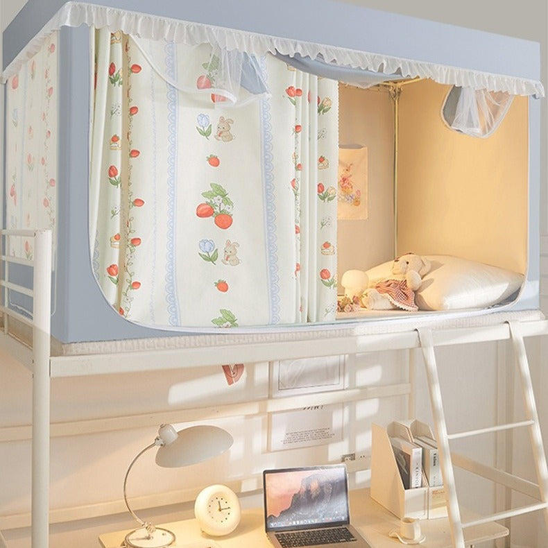 VILZSTUDIOS pastel bed canopy with gathered white lace trim, mesh panel and sliding privacy curtains