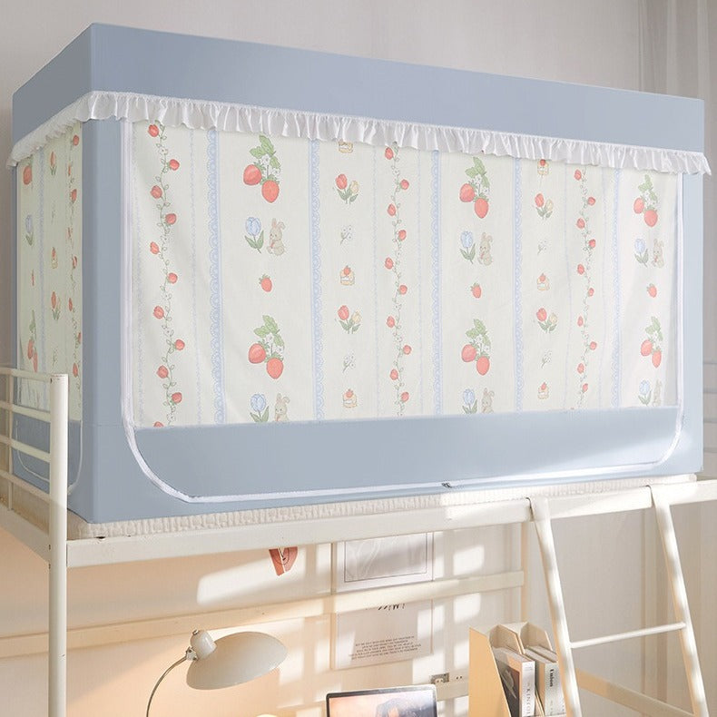 VILZSTUDIOS pastel bed canopy with gathered white lace trim, mesh panel and sliding privacy curtains