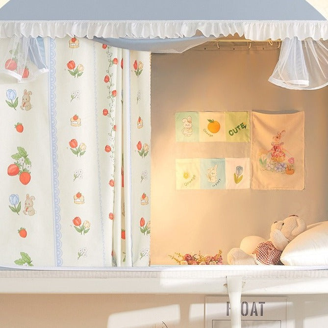 VILZSTUDIOS pastel bed canopy with gathered white lace trim, mesh panel and sliding privacy curtains