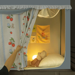 VILZSTUDIOS pastel bed canopy with gathered white lace trim, mesh panel and sliding privacy curtains