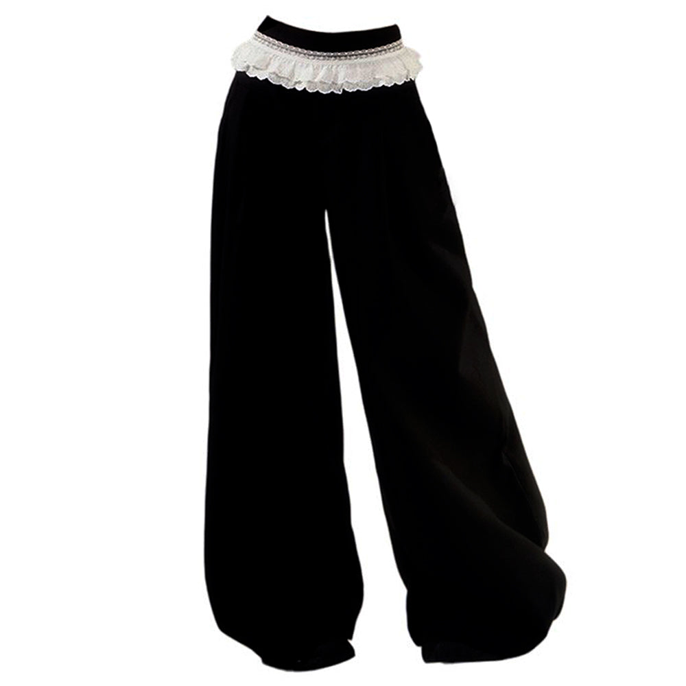 VILZSTUDIOS Fashionable lace-trimmed high-rise wide-leg trousers