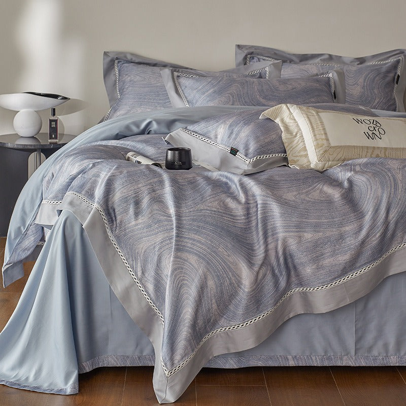 VILZSTUDIOS multicolor printed sateen bedding set with contrast borders and openwork ladder lace