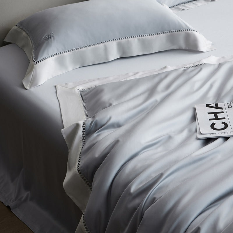 VILZSTUDIOS icy blue or dark slate gray satin duvet cover set with contrast ladder-lace borders and tonal floral embroidery
